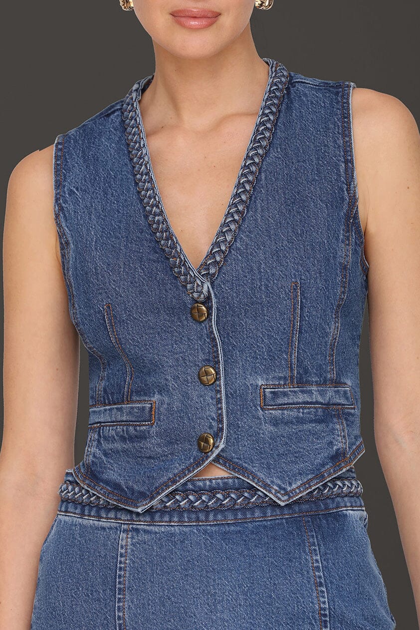 Braided trim blue denim button front vest made from cotton blend with deep V-neckline and sleeveless - Cute women's tops by Avec Les Filles