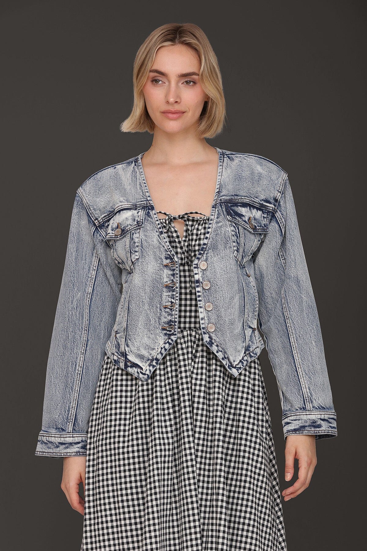 Acid wash cutaway button front denim jacket made from cotton blend with V-neckline and long sleeves - Cute women's denim jackets by Avec Les Filles