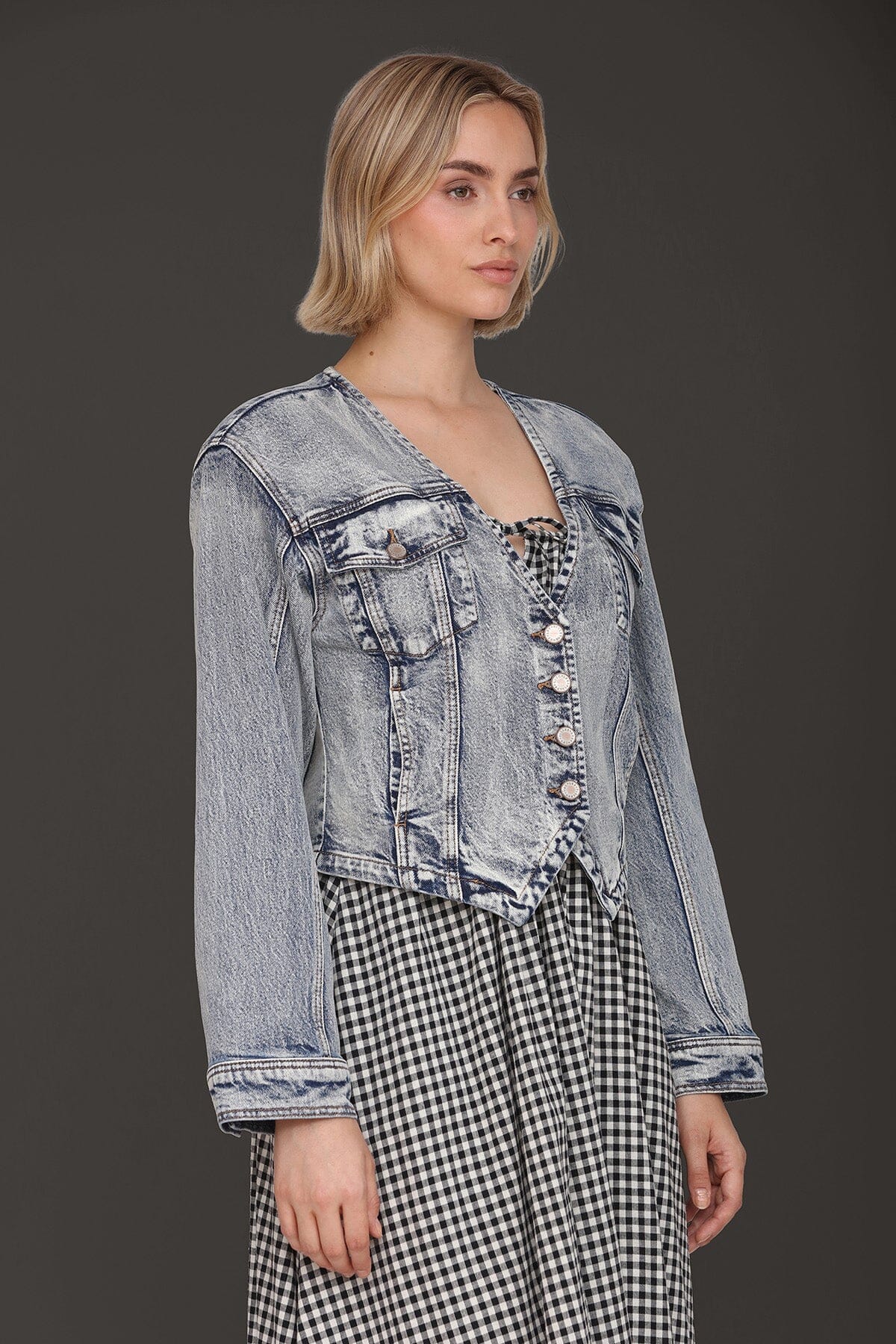 Acid wash cutaway button front denim jacket made from cotton blend with V-neckline and long sleeves - Cute women's denim jackets by Avec Les Filles