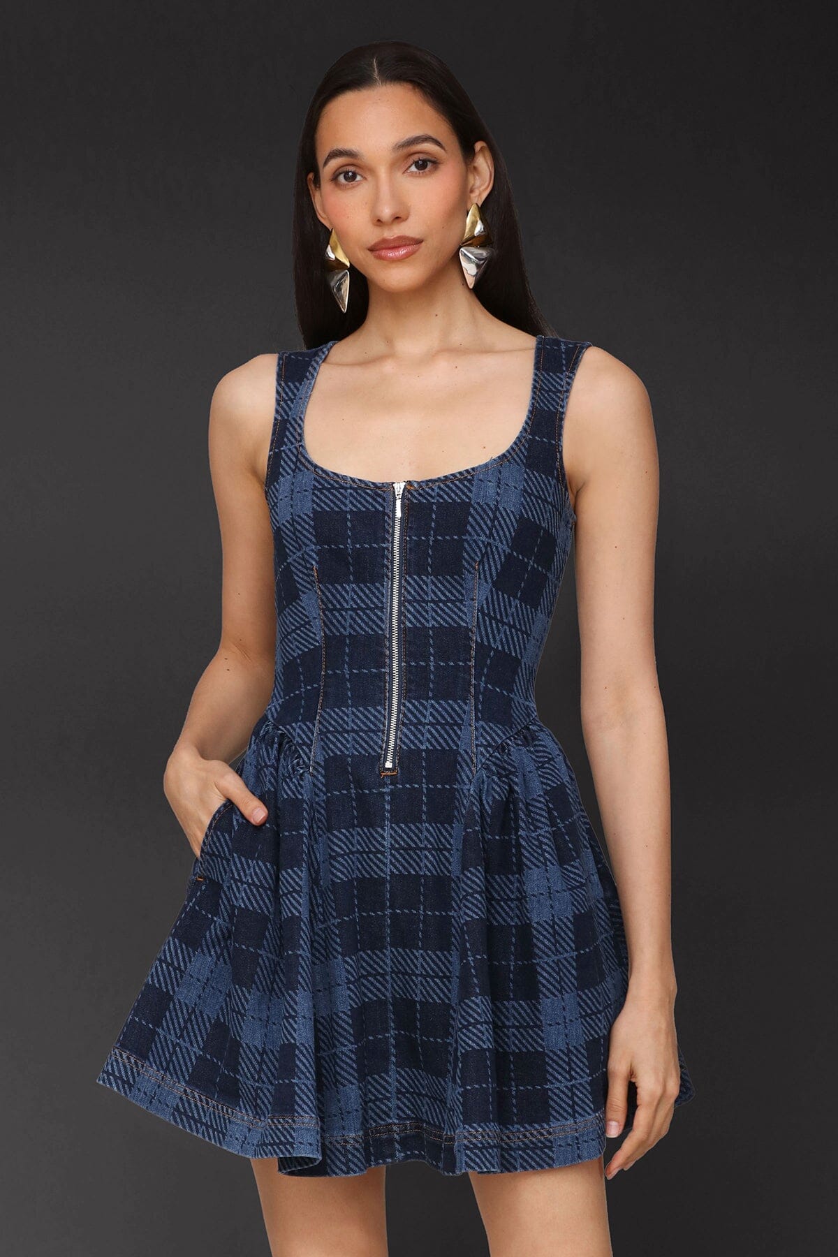 Zip-front royal blue plaid cotton denim mini dress with a scoop neckline and sleeveless - Cute women's mini dresses by Avec Les Filles