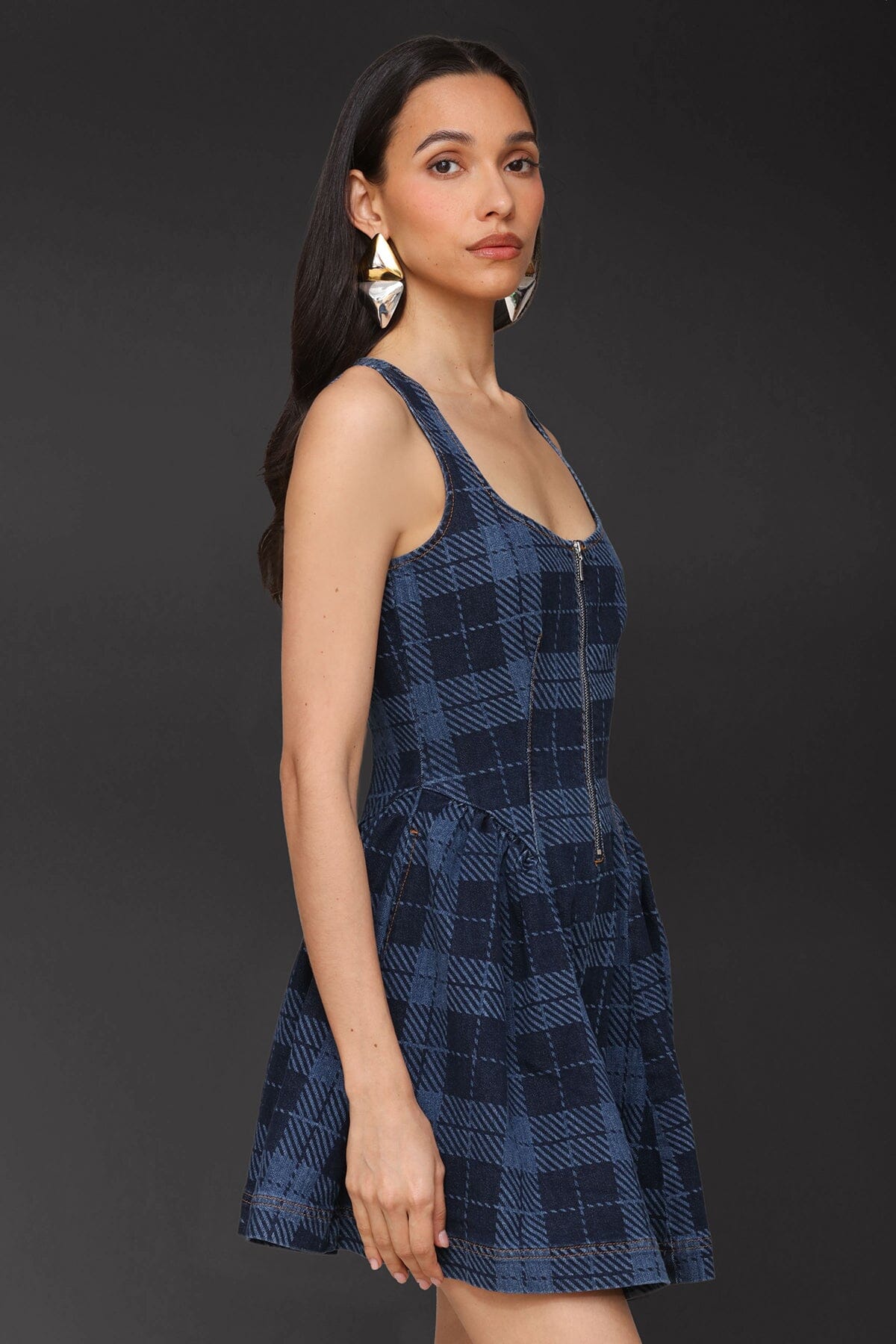 Zip-front royal blue plaid cotton denim mini dress with a scoop neckline and sleeveless - Cute women's mini dresses by Avec Les Filles