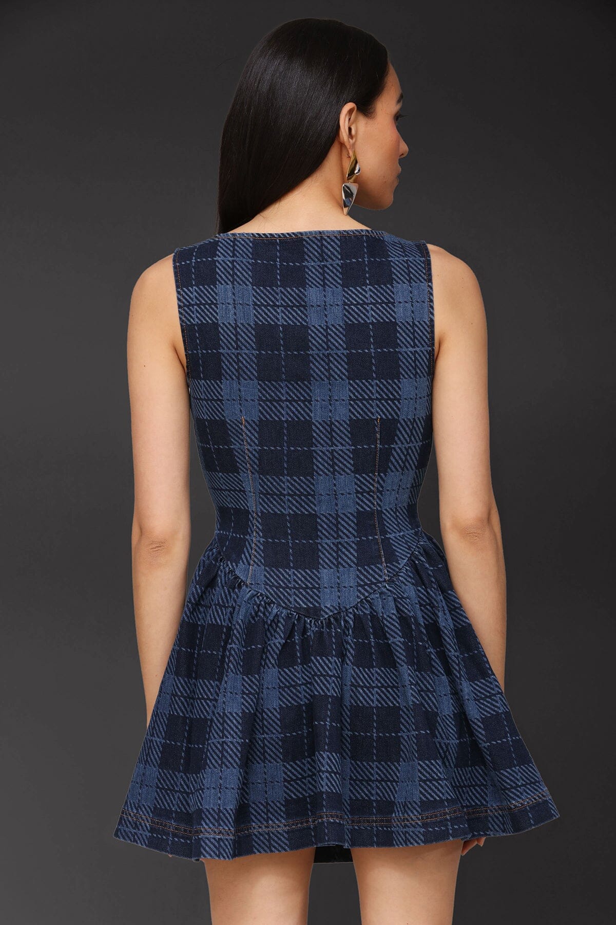 Zip-front royal blue plaid cotton denim mini dress with a scoop neckline and sleeveless - Cute women's mini dresses by Avec Les Filles