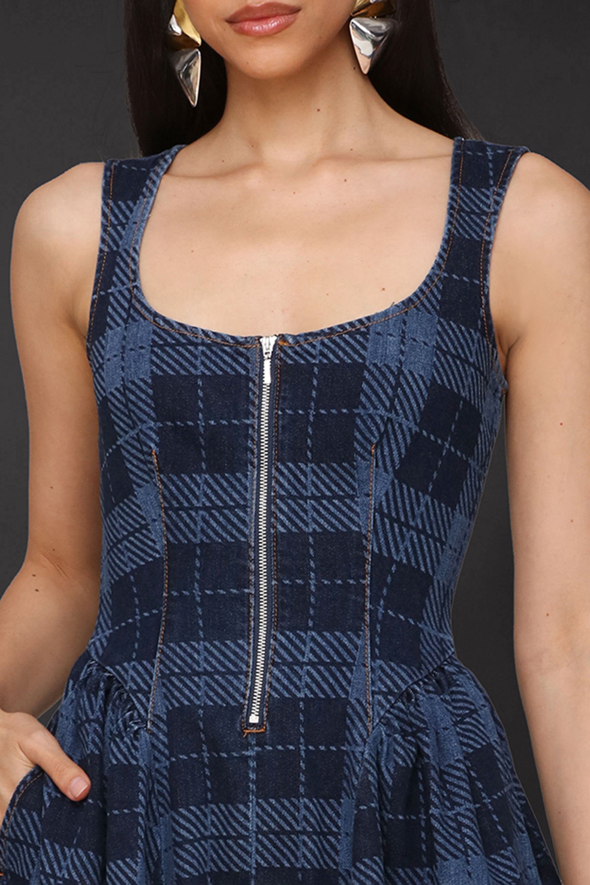 Zip-front royal blue plaid cotton denim mini dress with a scoop neckline and sleeveless - Cute women's mini dresses by Avec Les Filles