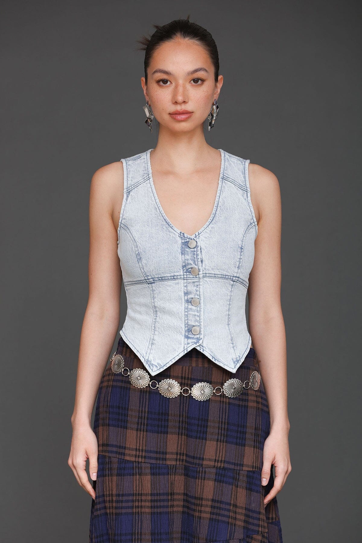 Light blue cotton blend denim corset vest top with V-neckline, sleeveless and button-front closure - Cute women's vest tops by Avec Les Filles
