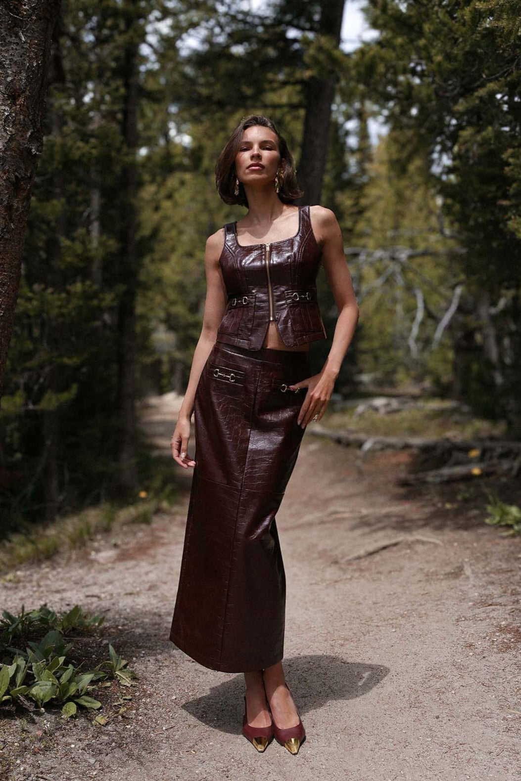 Brown Equestrian Faux Croc Long Maxi Skirt1