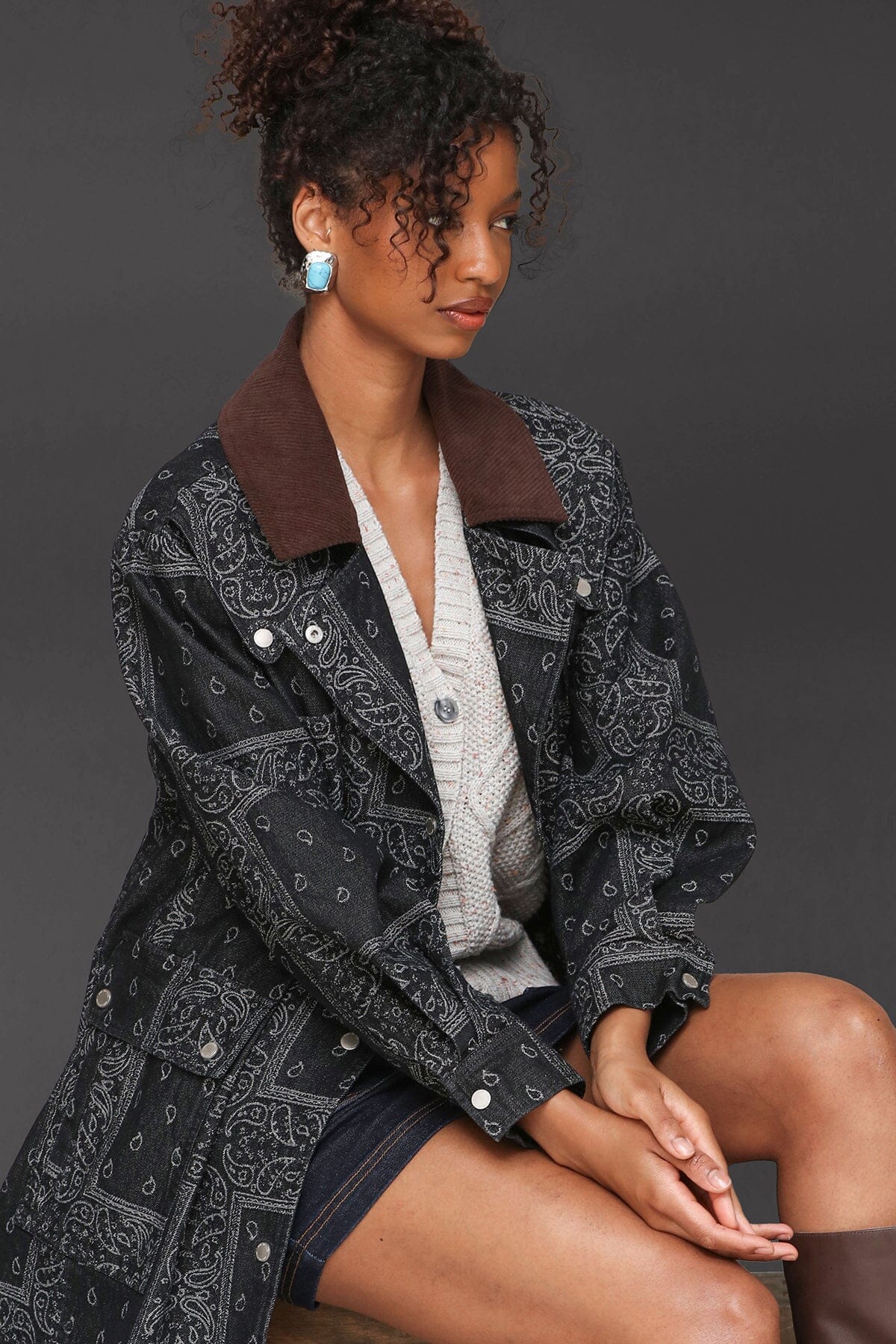 Indigo Paisley denim utility cotton blend double-breasted trench coat with drop-shoulders and corduroy point collar - Cute women's trench coats by Avec Les Filles