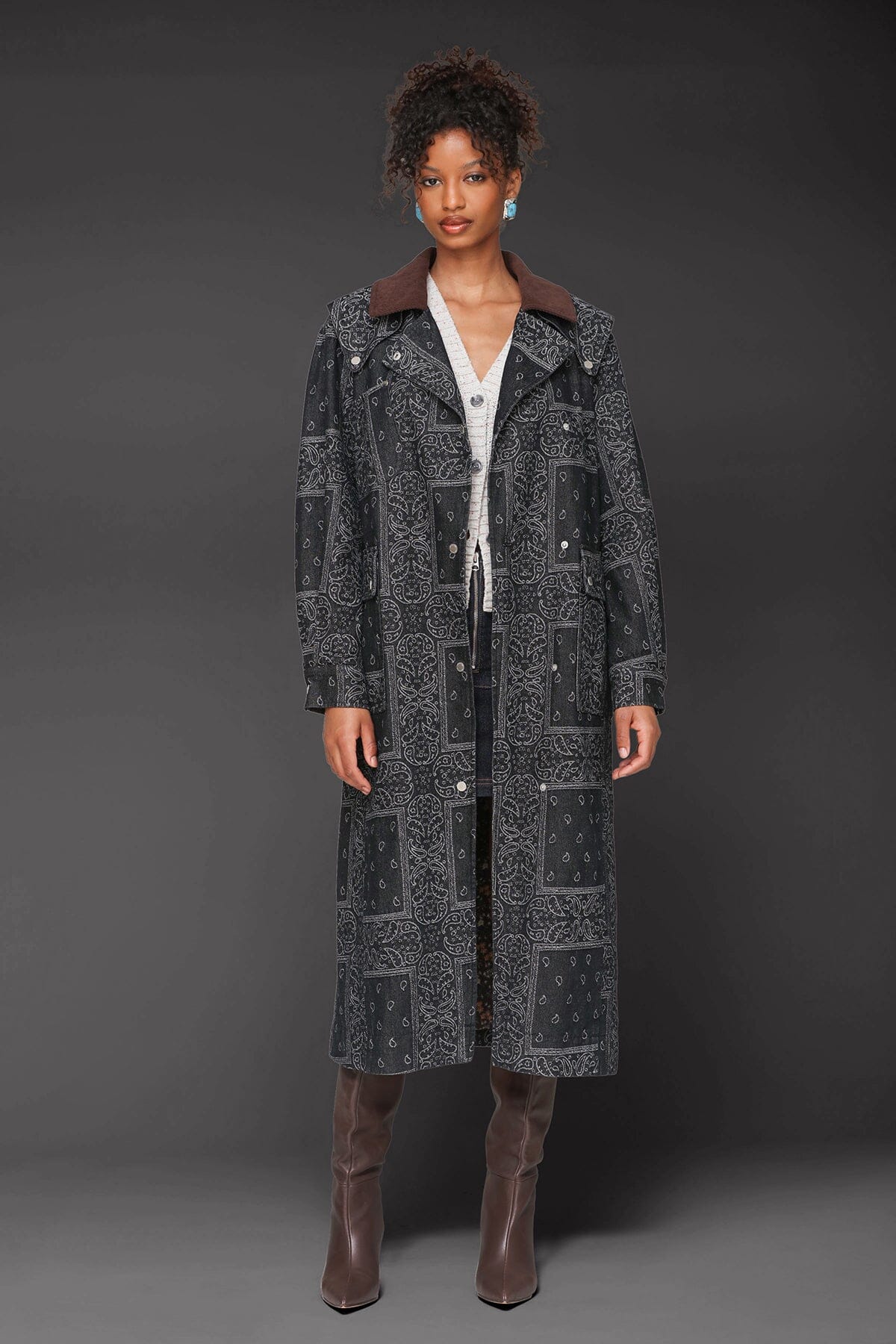 Indigo Paisley denim utility cotton blend double-breasted trench coat with drop-shoulders and corduroy point collar - Cute women's trench coats by Avec Les Filles