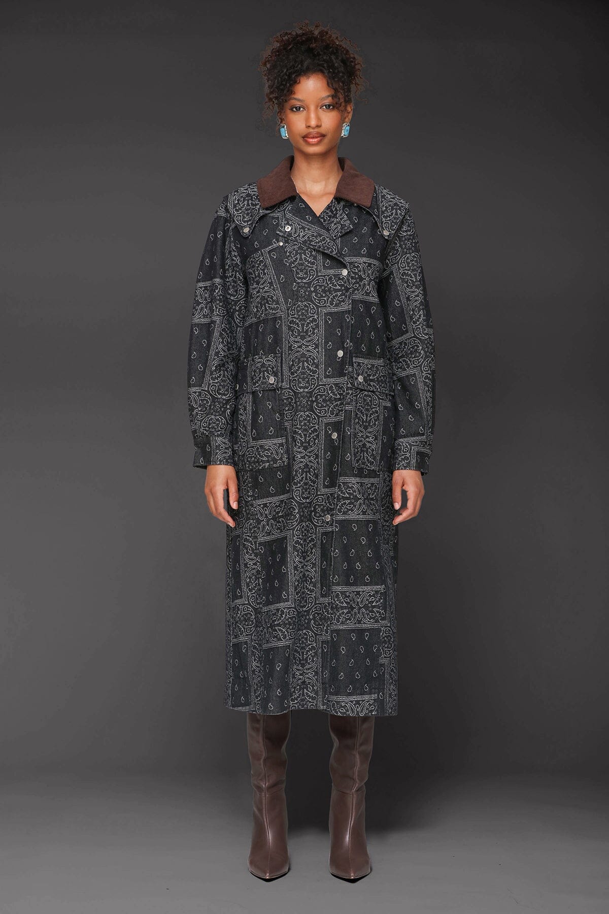 Indigo Paisley denim utility cotton blend double-breasted trench coat with drop-shoulders and corduroy point collar - Cute women's trench coats by Avec Les Filles