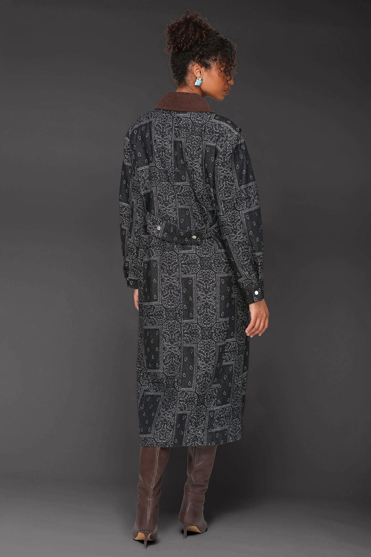 Indigo Paisley denim utility cotton blend double-breasted trench coat with drop-shoulders and corduroy point collar - Cute women's trench coats by Avec Les Filles