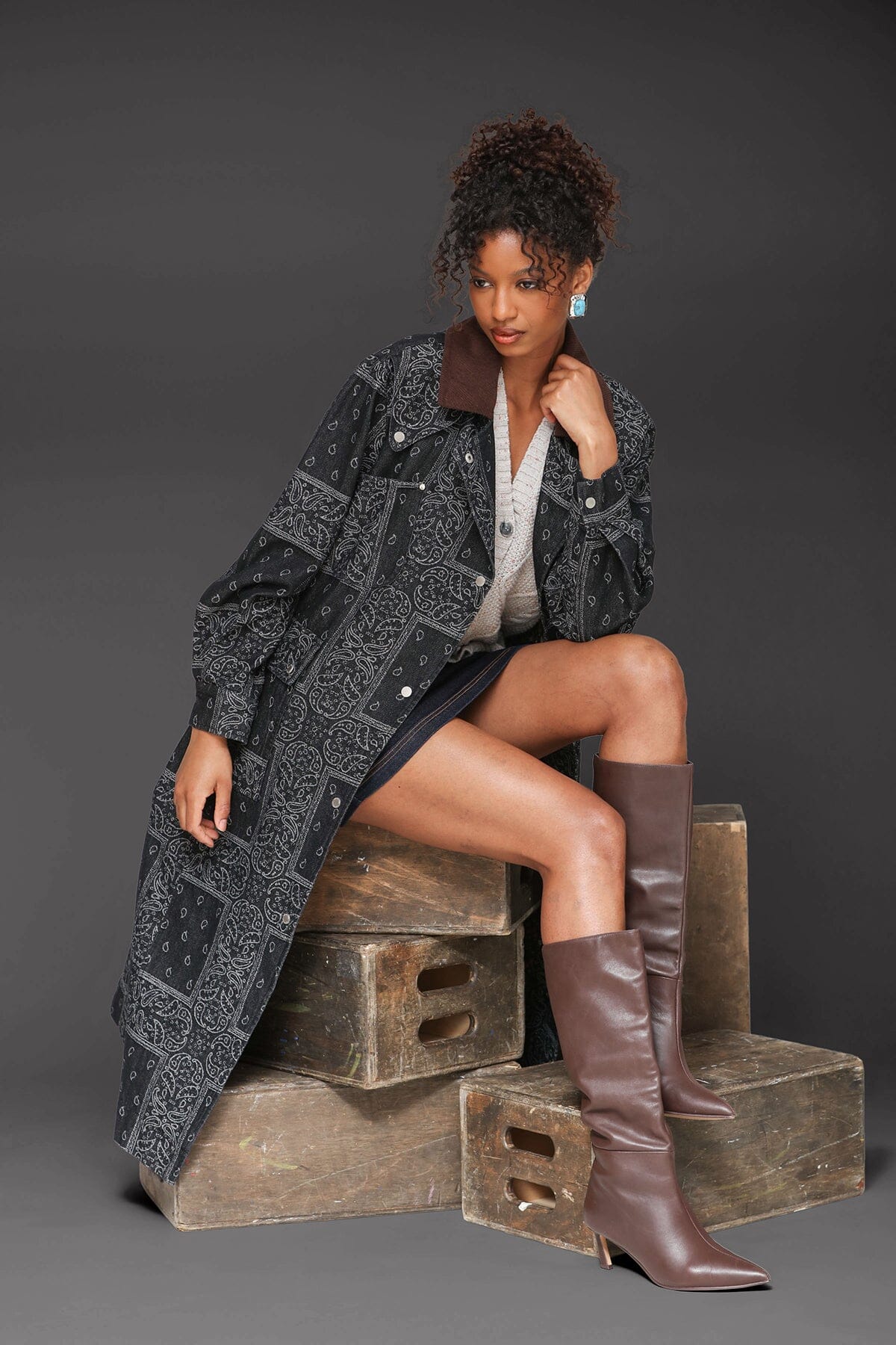 Indigo Paisley denim utility cotton blend double-breasted trench coat with drop-shoulders and corduroy point collar - Cute women's trench coats by Avec Les Filles