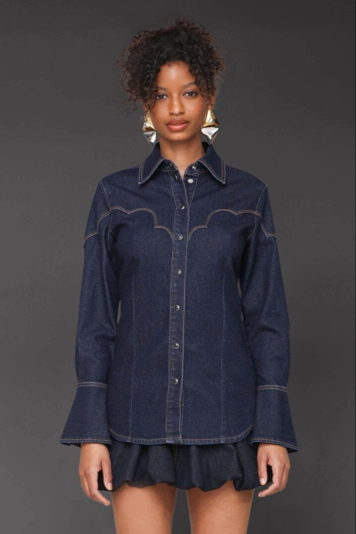 Western cotton blend denim tailored indigo blue shirt with a point collar and snap buttons - Cute women's shirts by Avec Les Filles