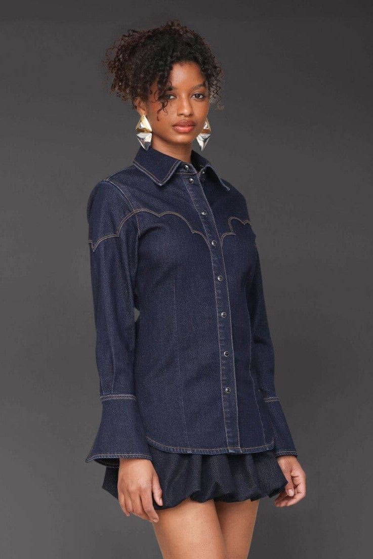 Western cotton blend denim tailored indigo blue shirt with a point collar and snap buttons - Cute women's shirts by Avec Les Filles