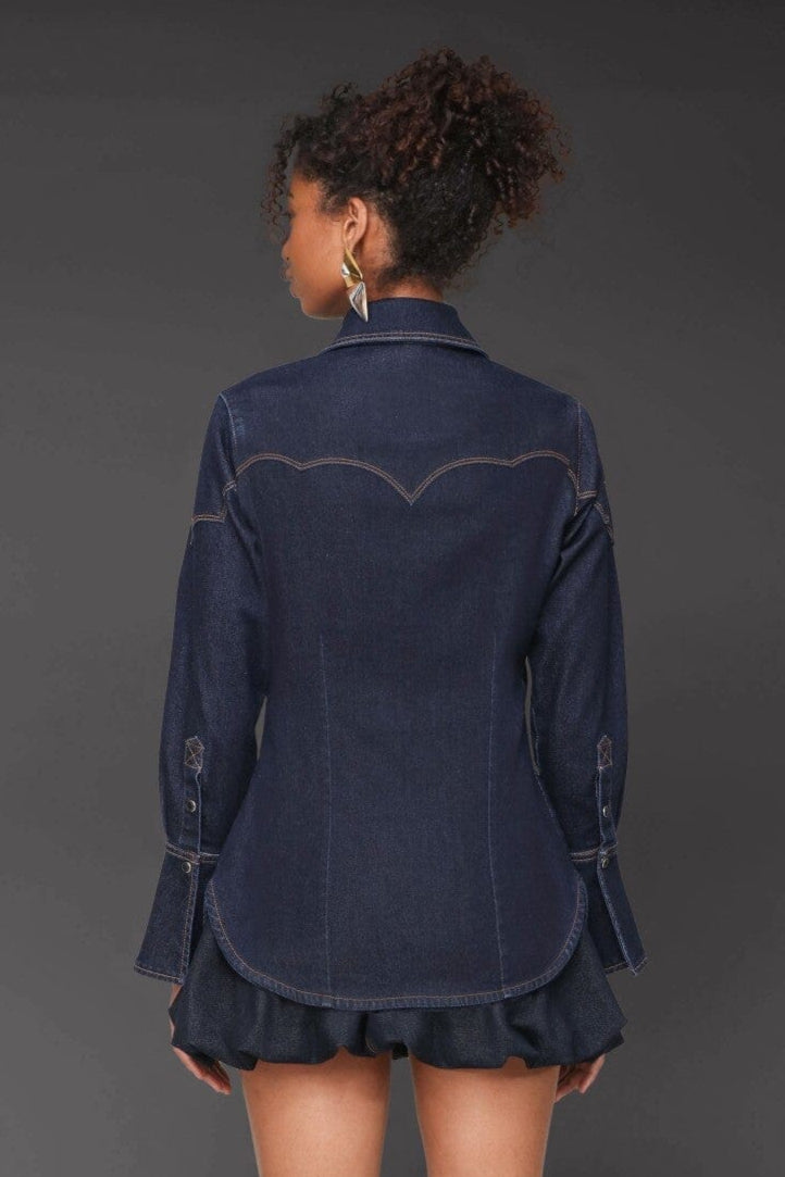 Western cotton blend denim tailored indigo blue shirt with a point collar and snap buttons - Cute women's shirts by Avec Les Filles