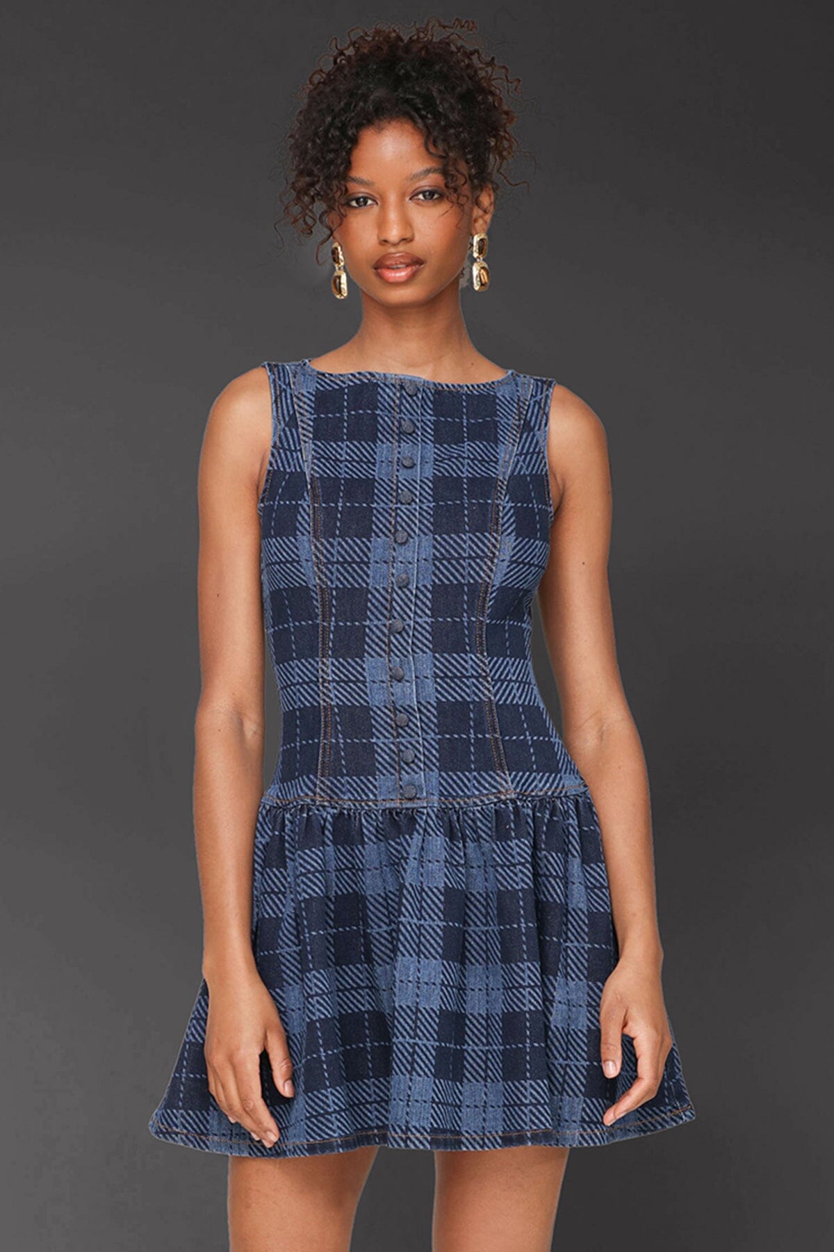 Blue plaid cotton blend drop-waist gathered skirt fit-and-flare mini dress with boatneck and sleeveless - Cute women's mini dresses by Avec Les Filles