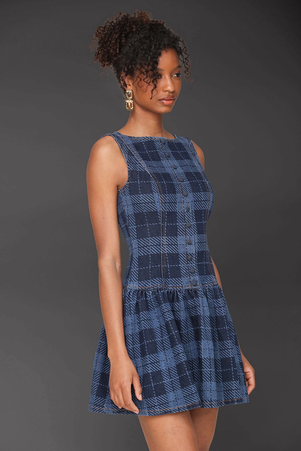 Blue plaid cotton blend drop-waist gathered skirt fit-and-flare mini dress with boatneck and sleeveless - Cute women's mini dresses by Avec Les Filles