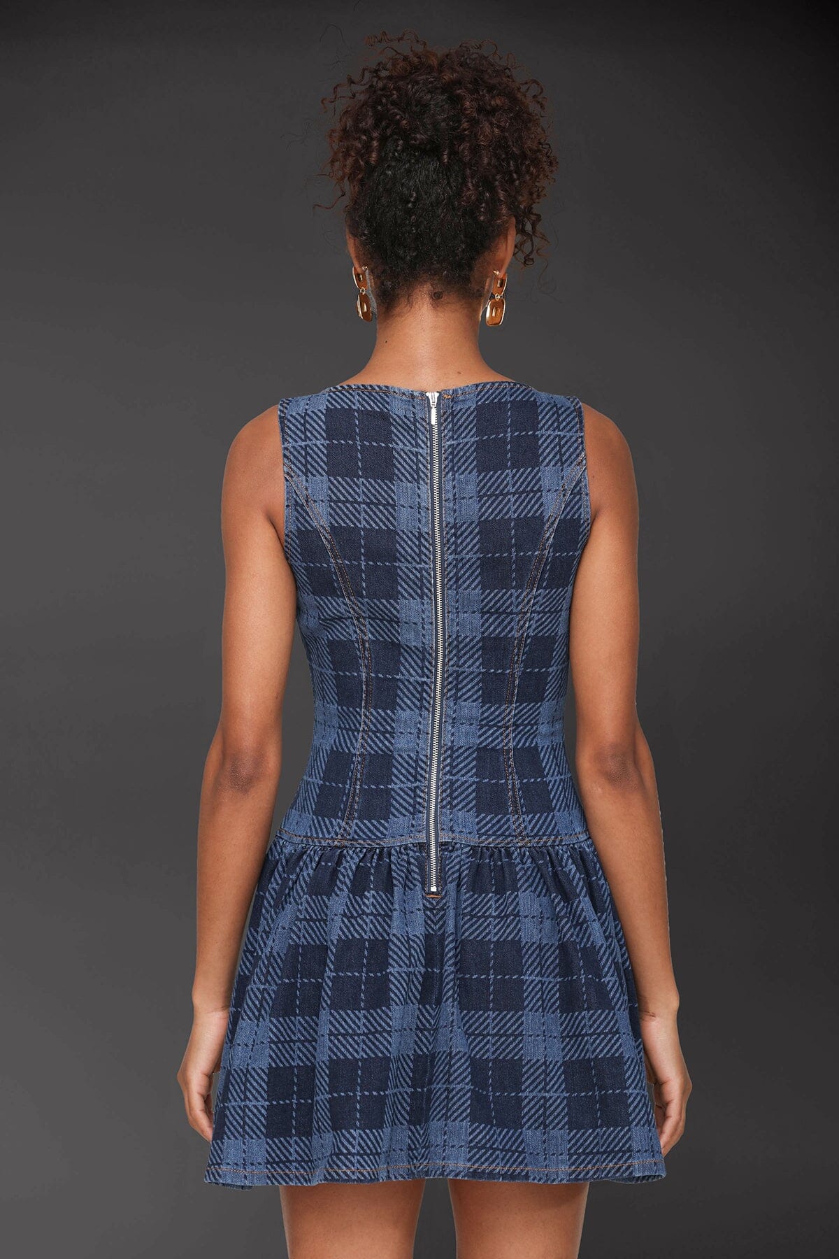 Blue plaid cotton blend drop-waist gathered skirt fit-and-flare mini dress with boatneck and sleeveless - Cute women's mini dresses by Avec Les Filles