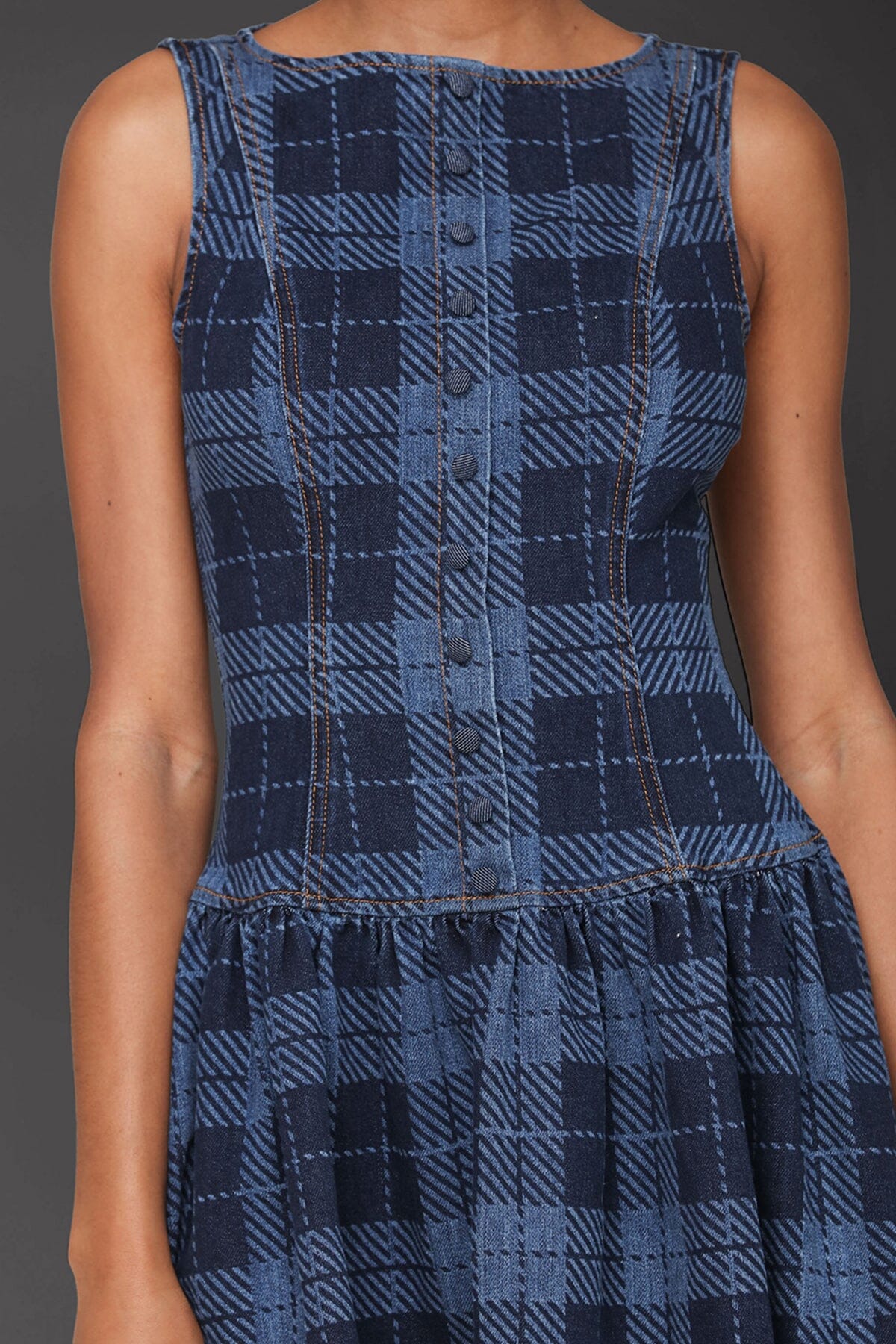 Blue plaid cotton blend drop-waist gathered skirt fit-and-flare mini dress with boatneck and sleeveless - Cute women's mini dresses by Avec Les Filles