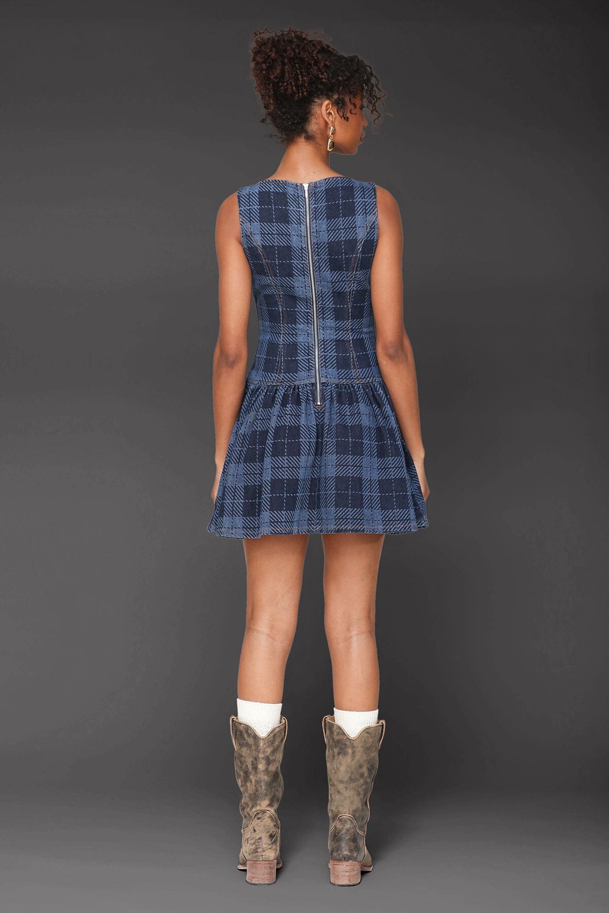 Plaid Denim Drop-Waist Mini Dress Dresses Avec Les Filles