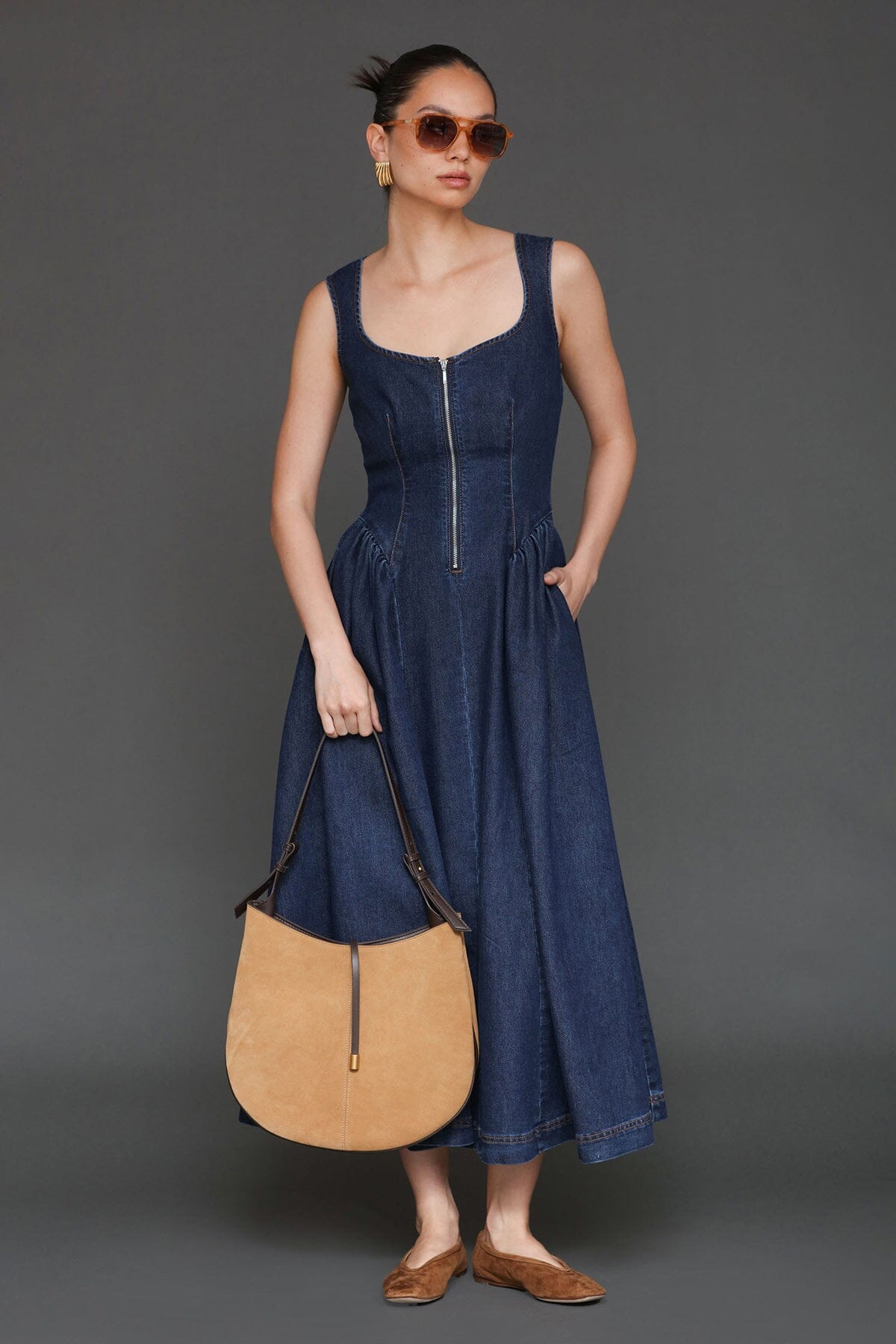 Zip-front indigo blue cotton blend denim midi dress with scoop neckline, side pockets and wide straps - Cute women's midi dresses by Avec Les Filles