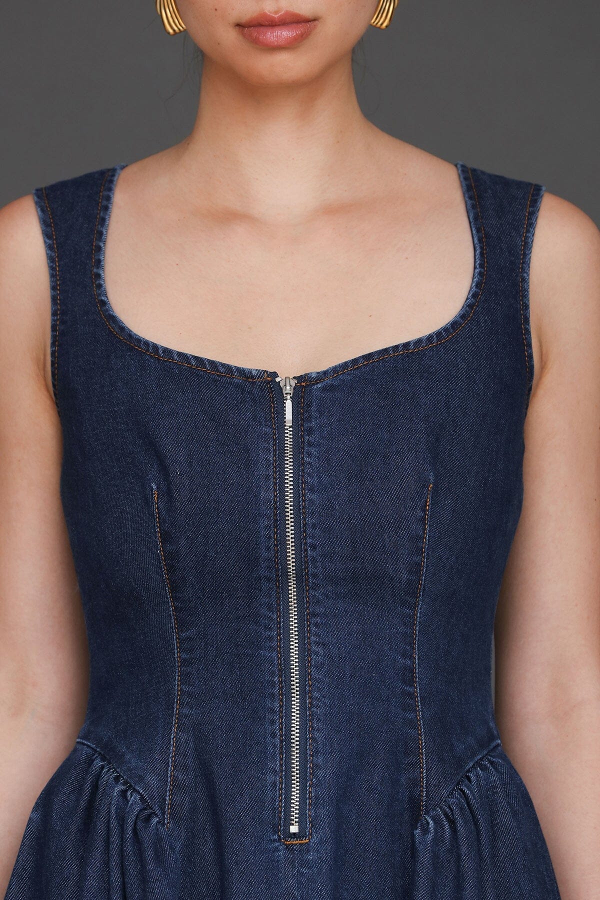 Zip-front indigo blue cotton blend denim midi dress with scoop neckline, side pockets and wide straps - Cute women's midi dresses by Avec Les Filles