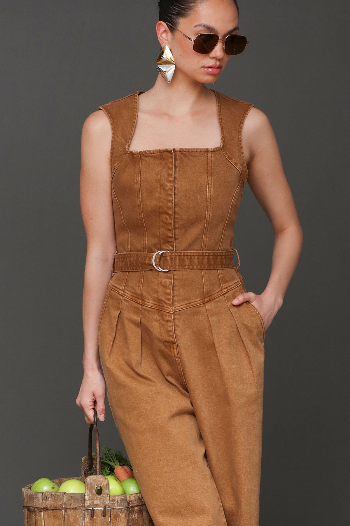 Washed cotton blend wide leg brown Jumpsuit with square neckline, wide shoulder and removable self-belt - Cute women's jumpsuits by Avec Les Filles