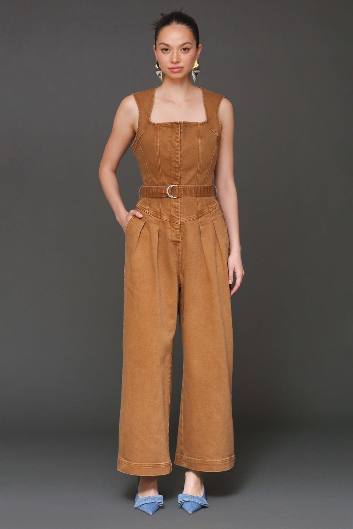 Washed cotton blend wide leg brown Jumpsuit with square neckline, wide shoulder and removable self-belt - Cute women's jumpsuits by Avec Les Filles