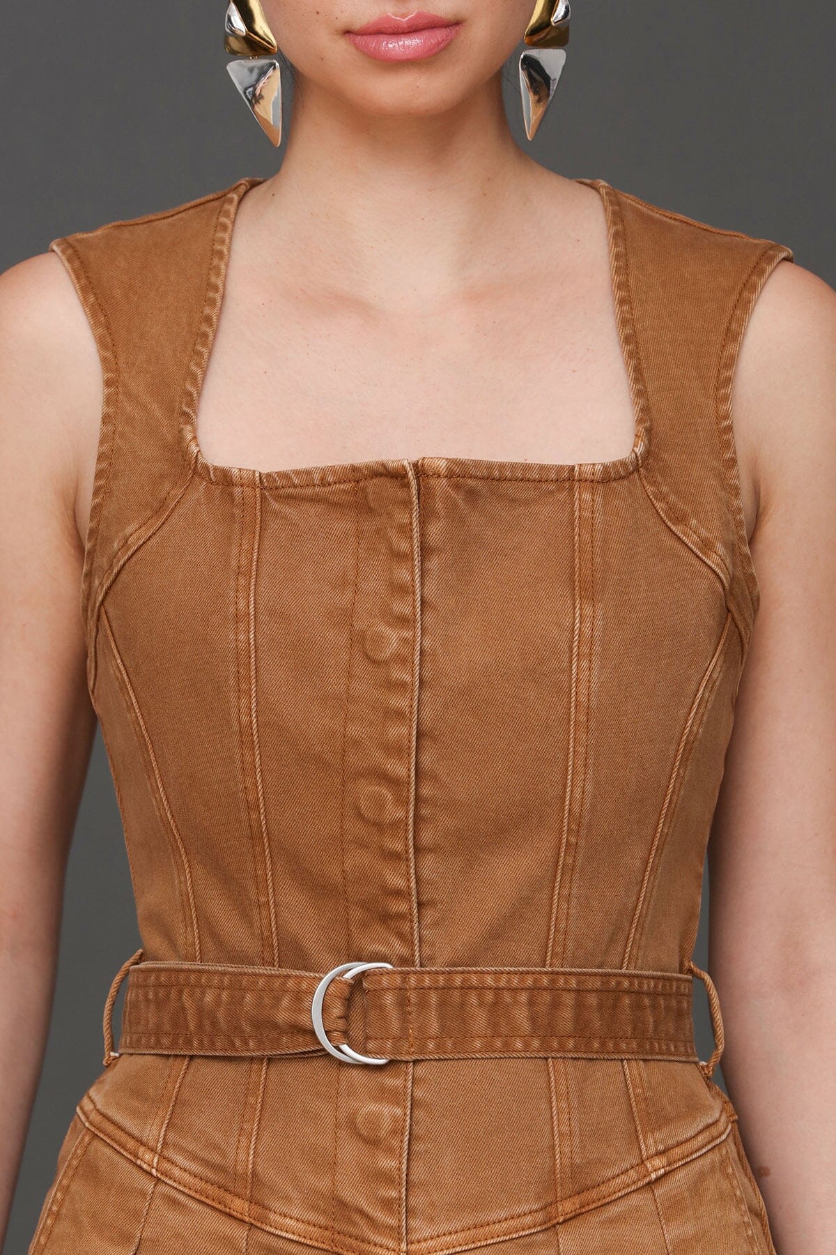 Washed cotton blend wide leg brown Jumpsuit with square neckline, wide shoulder and removable self-belt - Cute women's jumpsuits by Avec Les Filles