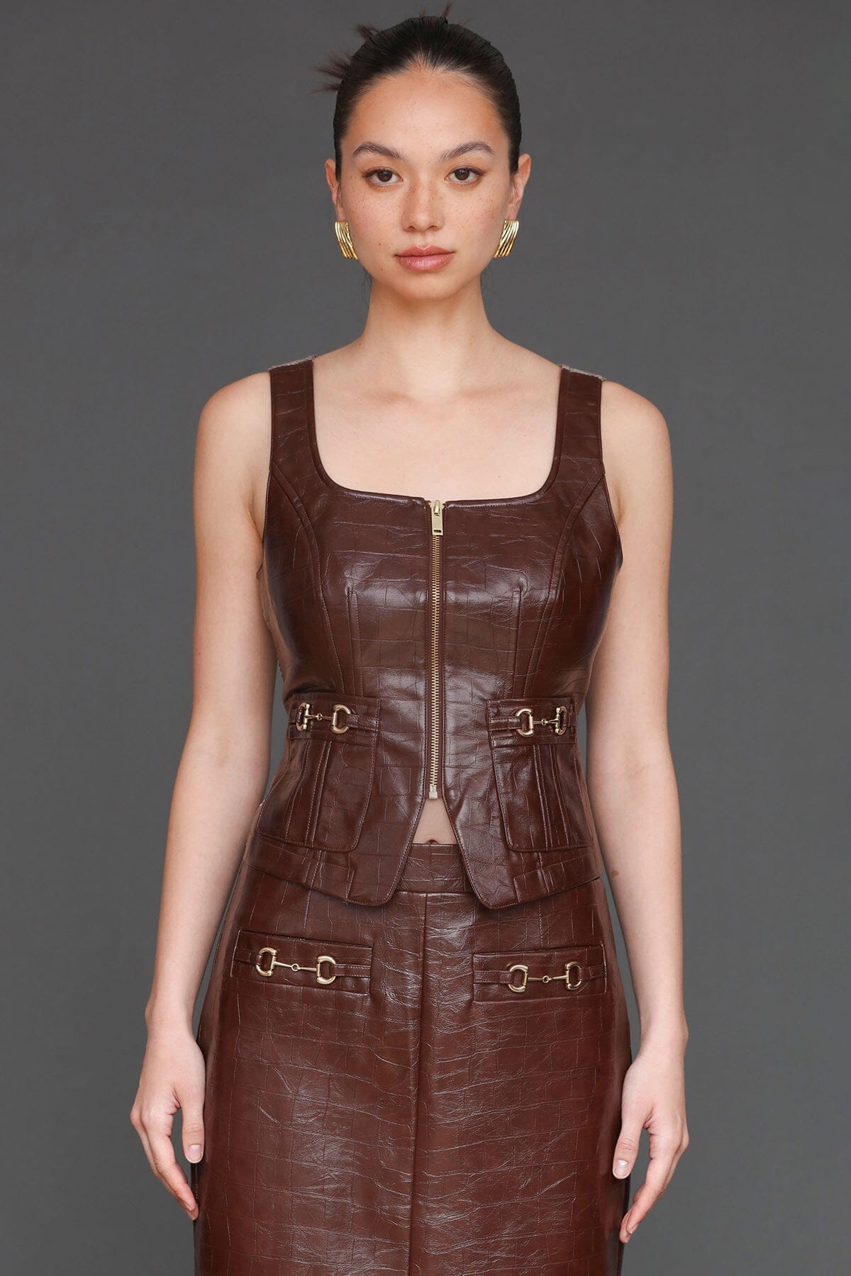 Equestrian faux croc chocolate brown button-down vest top with scoop neckline and plaid fabric back - Cute women's tops by Avec Les Filles