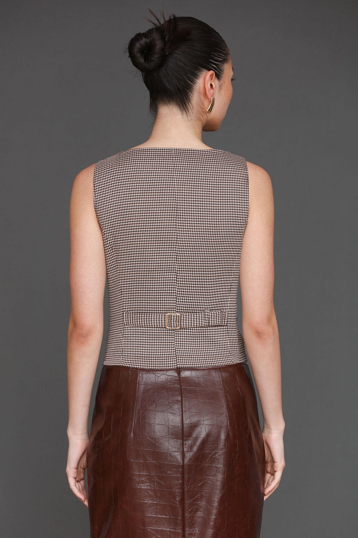 Equestrian faux croc chocolate brown button-down vest top with scoop neckline and plaid fabric back - Cute women's tops by Avec Les Filles