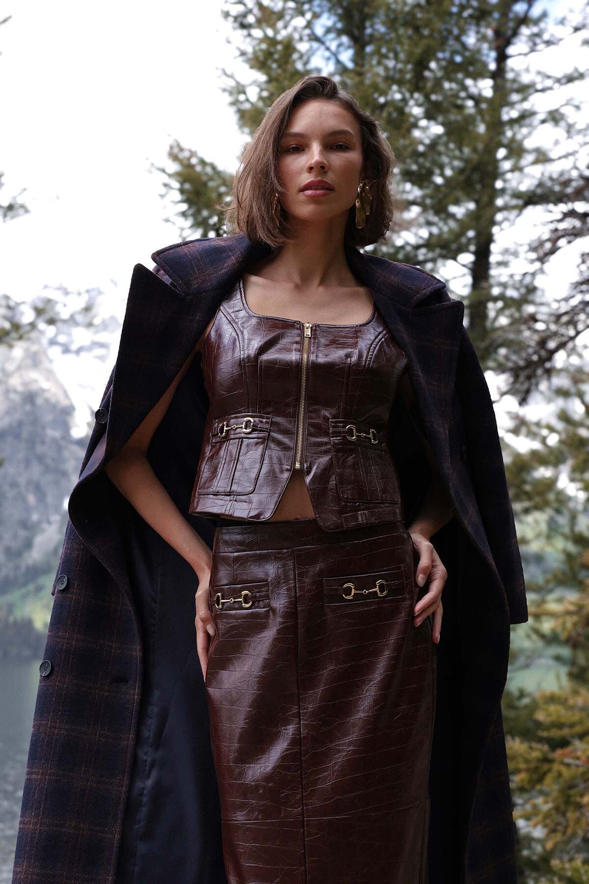 Equestrian faux croc chocolate brown button-down vest top with scoop neckline and plaid fabric back - Cute women's tops by Avec Les Filles