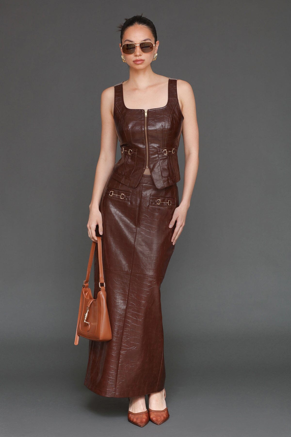 Equestrian faux croc chocolate brown button-down vest top with scoop neckline and plaid fabric back - Cute women's tops by Avec Les Filles