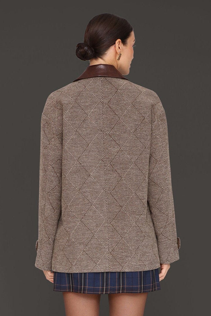Contrast trim basketweave brown buttons- front blazer with patch pockets
and drop-shoulders - Cute women's blazers by Avec Les Filles