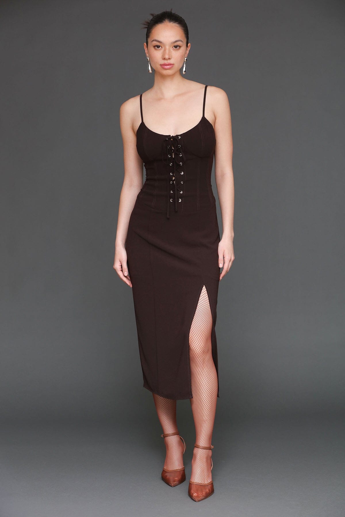 Lace up corset crepe brown side slit midi dress with sweetheart neckline and adjustable spaghetti straps - Cute women's midi dresses by Avec Les Filles