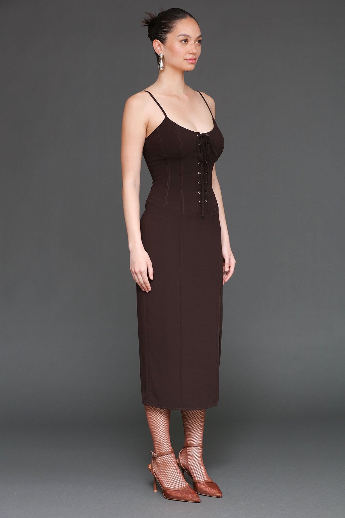 Lace up corset crepe brown side slit midi dress with sweetheart neckline and adjustable spaghetti straps - Cute women's midi dresses by Avec Les Filles