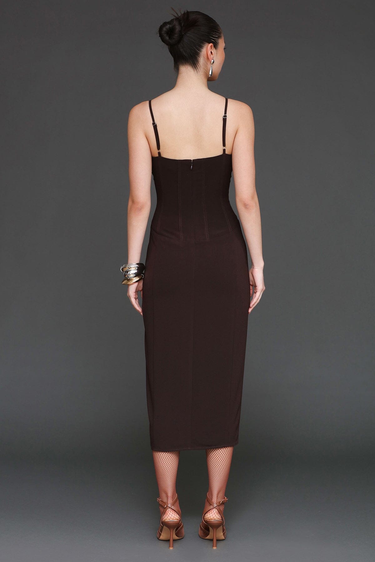 Lace up corset crepe brown side slit midi dress with sweetheart neckline and adjustable spaghetti straps - Cute women's midi dresses by Avec Les Filles