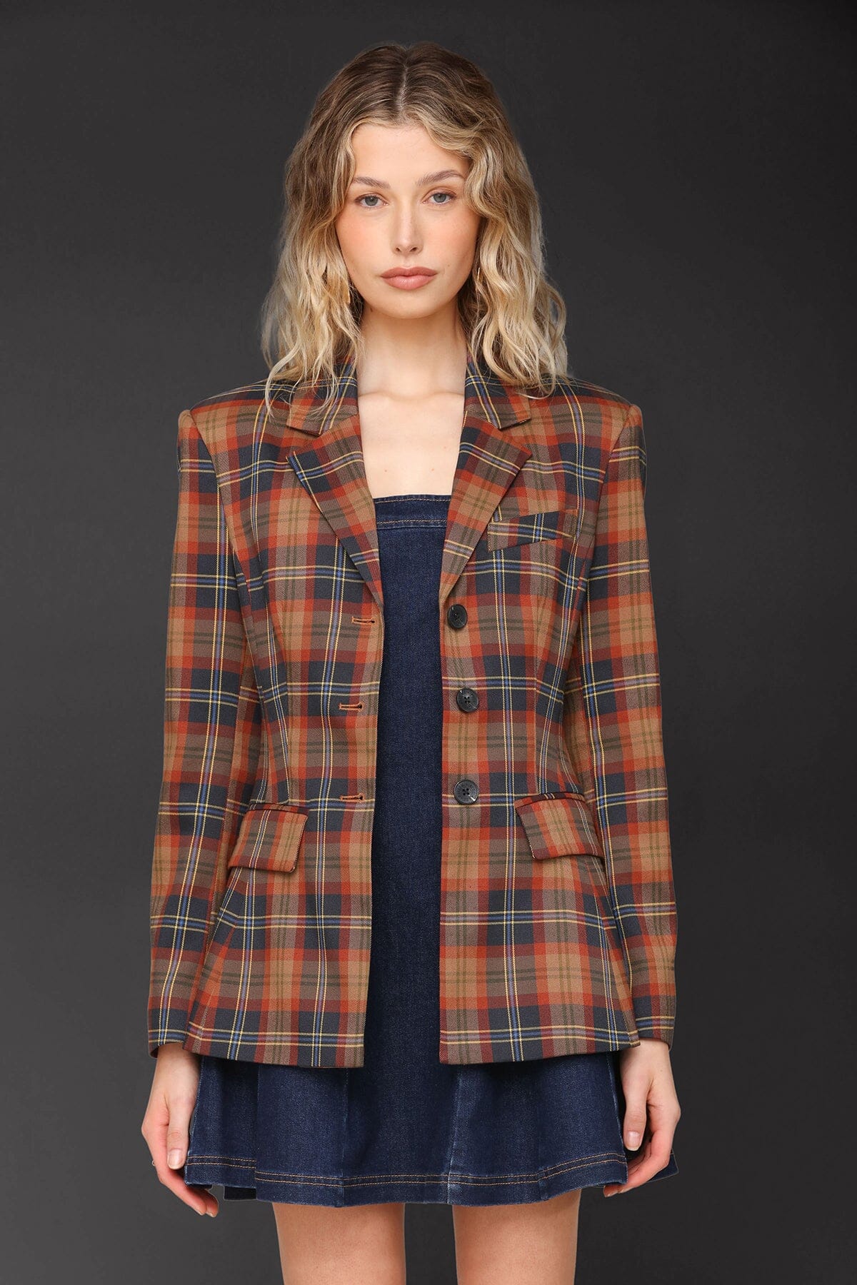 Autumn plaid hourglass blazer jacket in a polyester spandex blend with button front, notch collar, and cuff sleeve - Cute women's blazers by Avec Les Filles