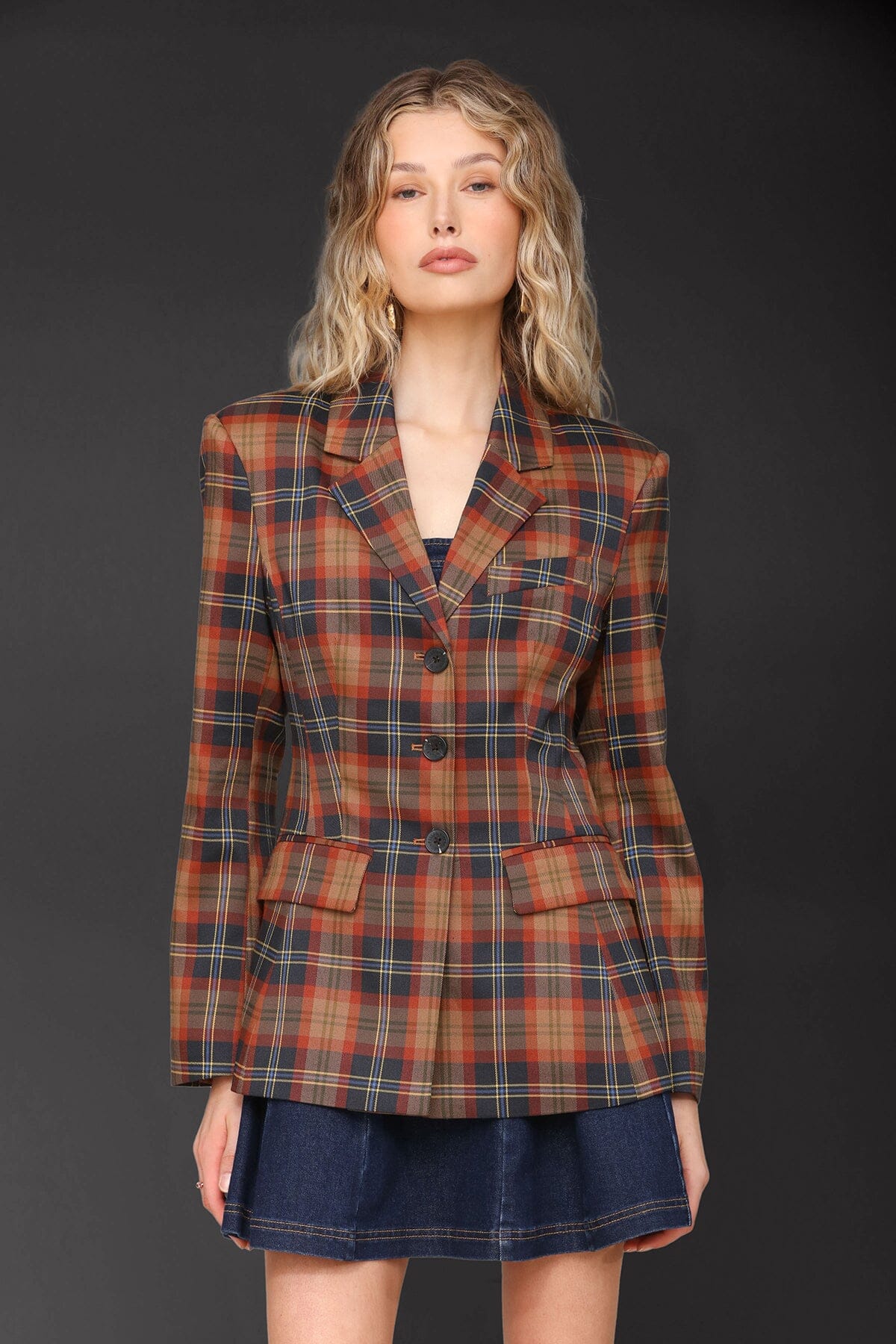 Autumn plaid hourglass blazer jacket in a polyester spandex blend with button front, notch collar, and cuff sleeve - Cute women's blazers by Avec Les Filles