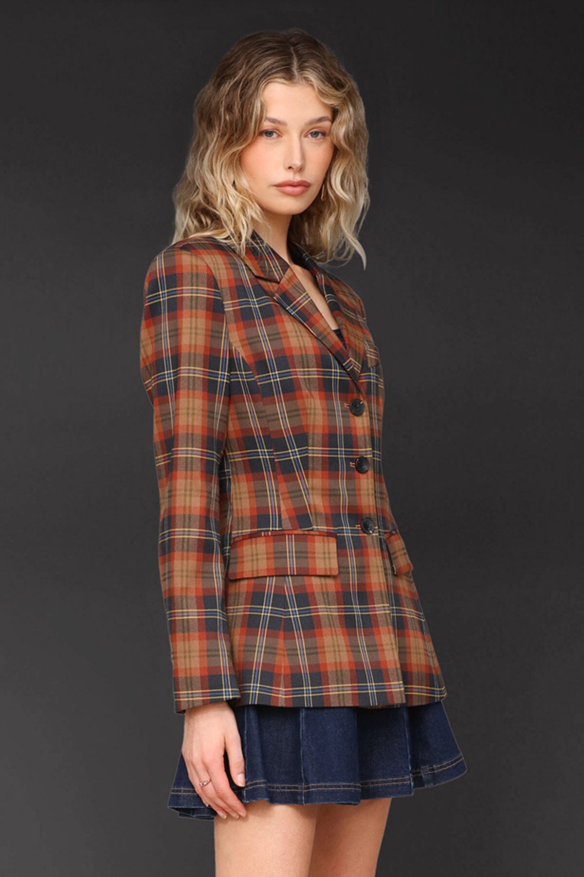 Autumn plaid hourglass blazer jacket in a polyester spandex blend with button front, notch collar, and cuff sleeve - Cute women's blazers by Avec Les Filles