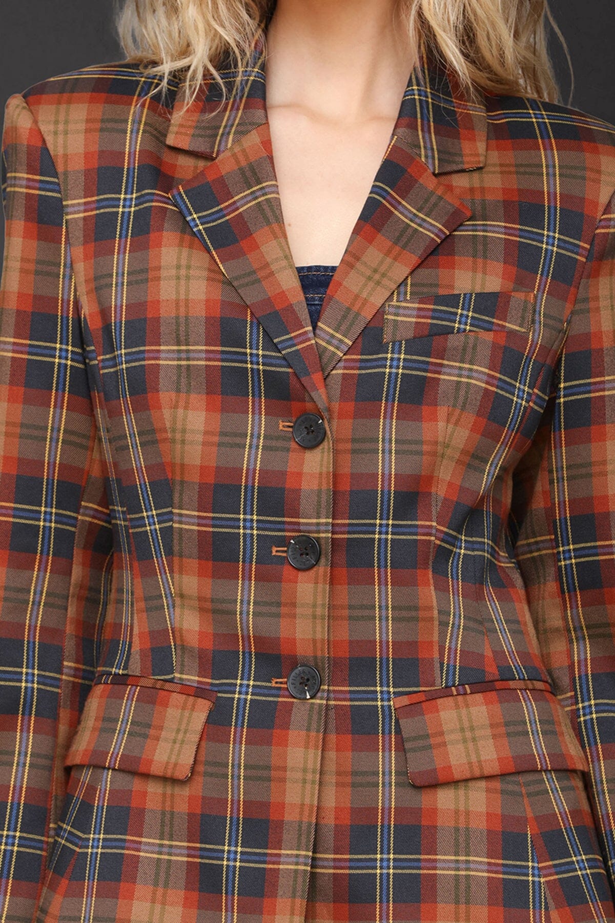 Autumn plaid hourglass blazer jacket in a polyester spandex blend with button front, notch collar, and cuff sleeve - Cute women's blazers by Avec Les Filles