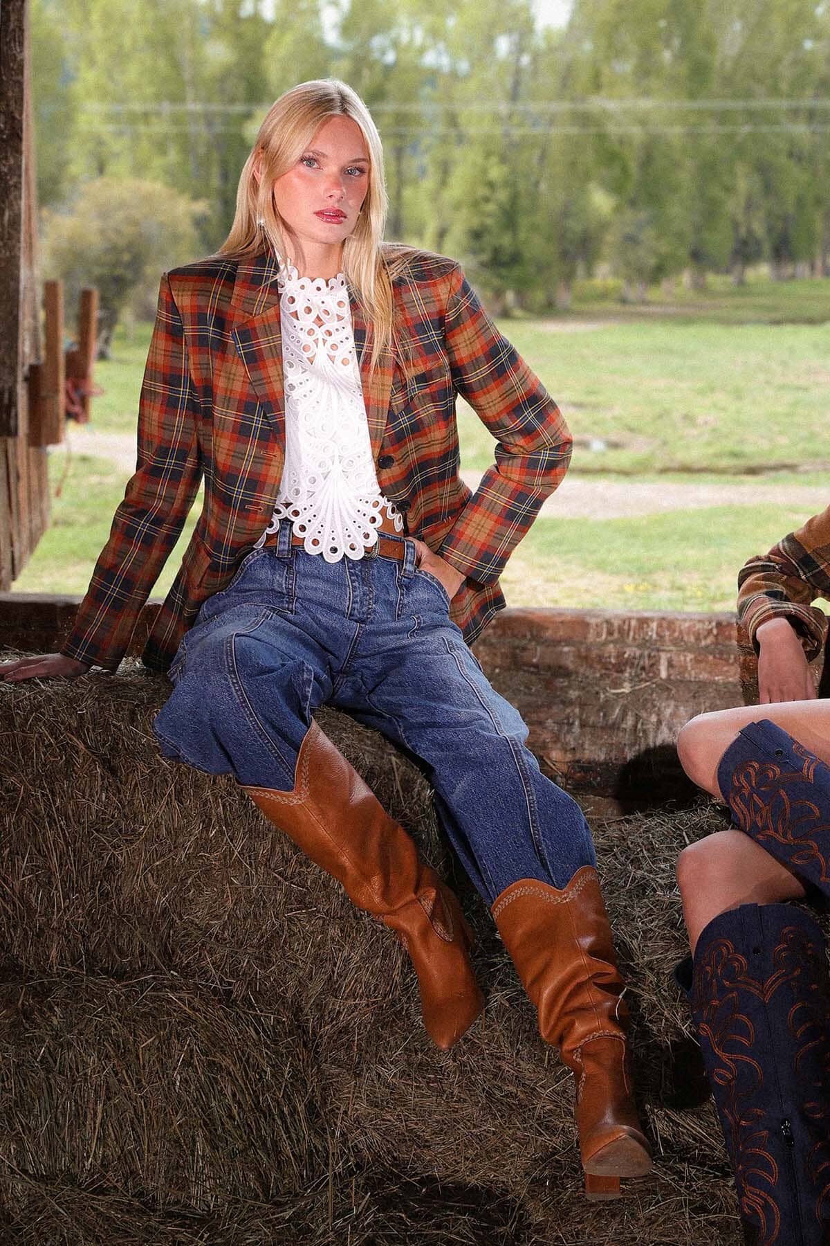 Autumn plaid hourglass blazer jacket in a polyester spandex blend with button front, notch collar, and cuff sleeve - Cute women's blazers by Avec Les Filles