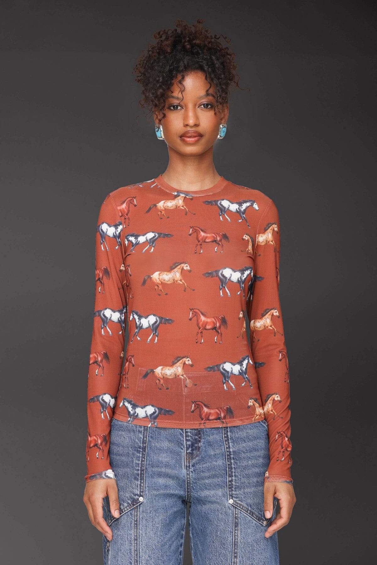 Equine printed mesh long sleeve brown red top with all-over horse print and crew neckline - Cute women's tops by Avec Les Filles