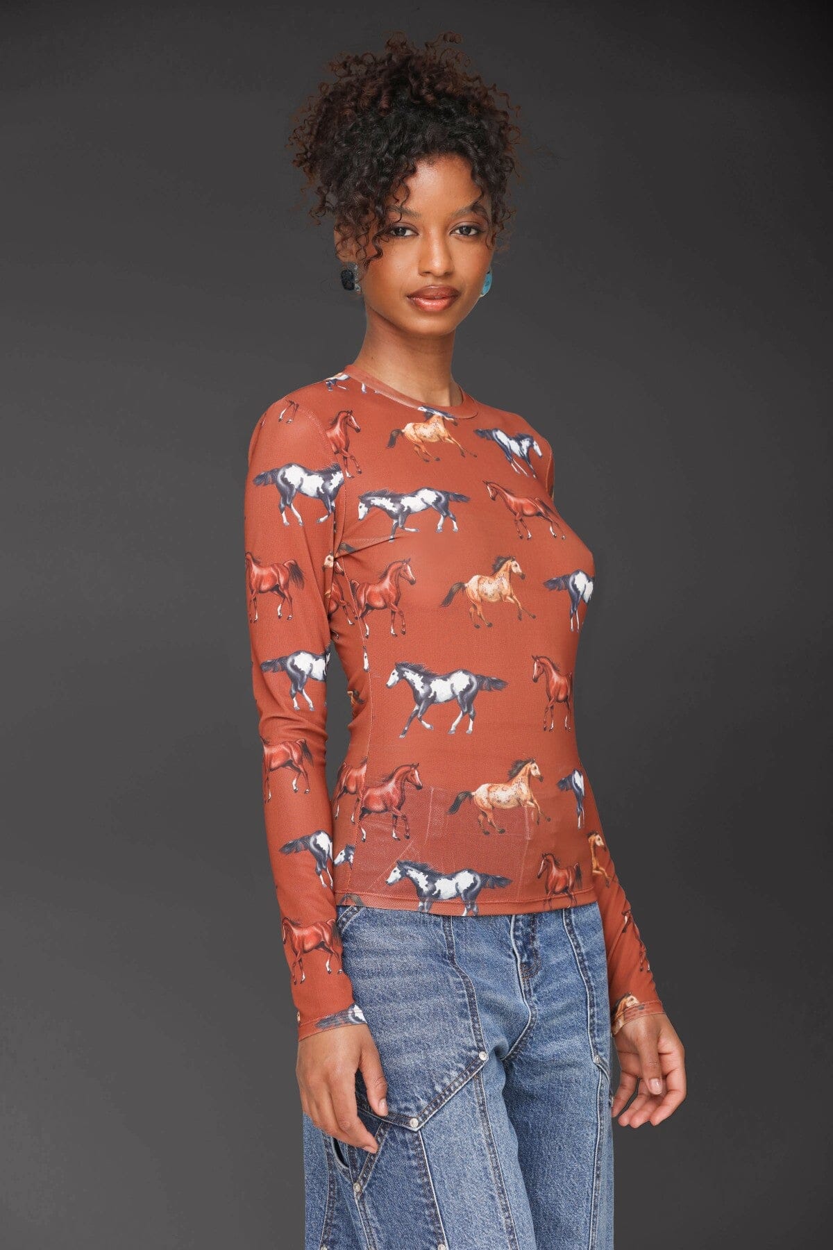 Equine printed mesh long sleeve brown red top with all-over horse print and crew neckline - Cute women's tops by Avec Les Filles
