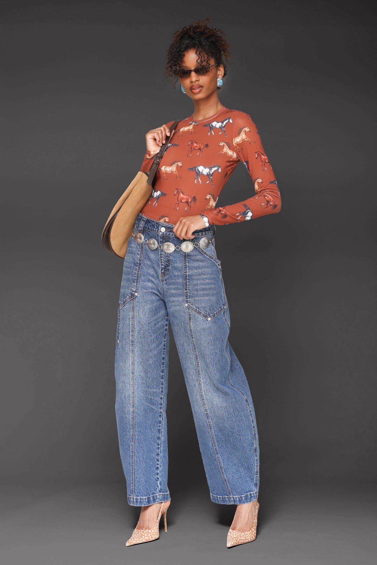Equine printed mesh long sleeve brown red top with all-over horse print and crew neckline - Cute women's tops by Avec Les Filles