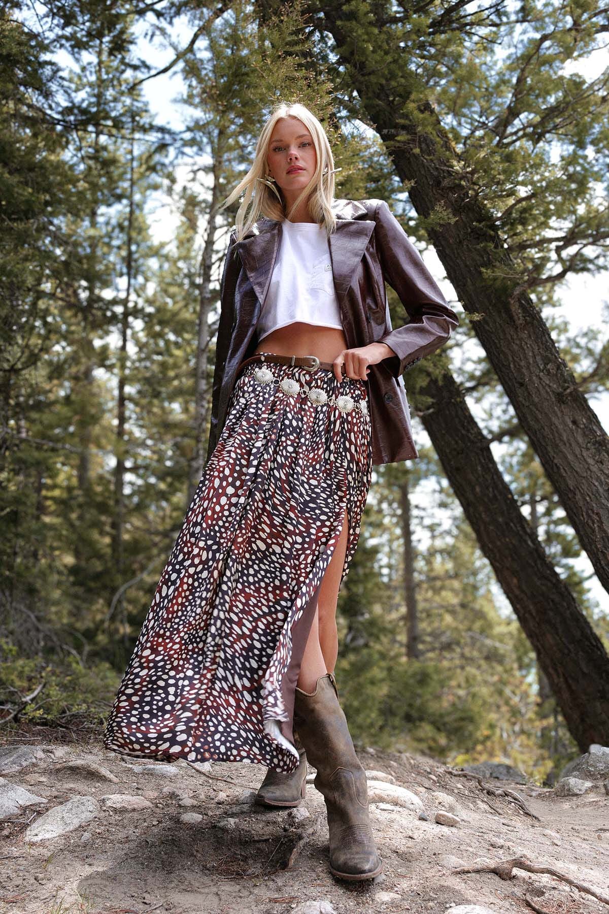 Belted brown and ivory cheetah print high waist maxi skirt with detachable faux leather belt and side slit - Cute women's maxi skirts by Avec Les Filles