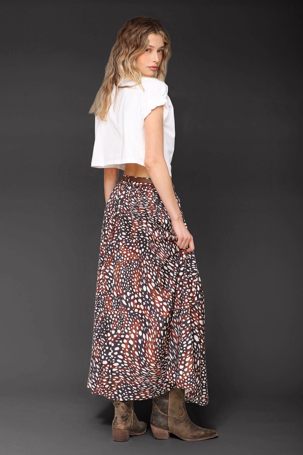 Belted brown and ivory cheetah print high waist maxi skirt with detachable faux leather belt and side slit - Cute women's maxi skirts by Avec Les Filles