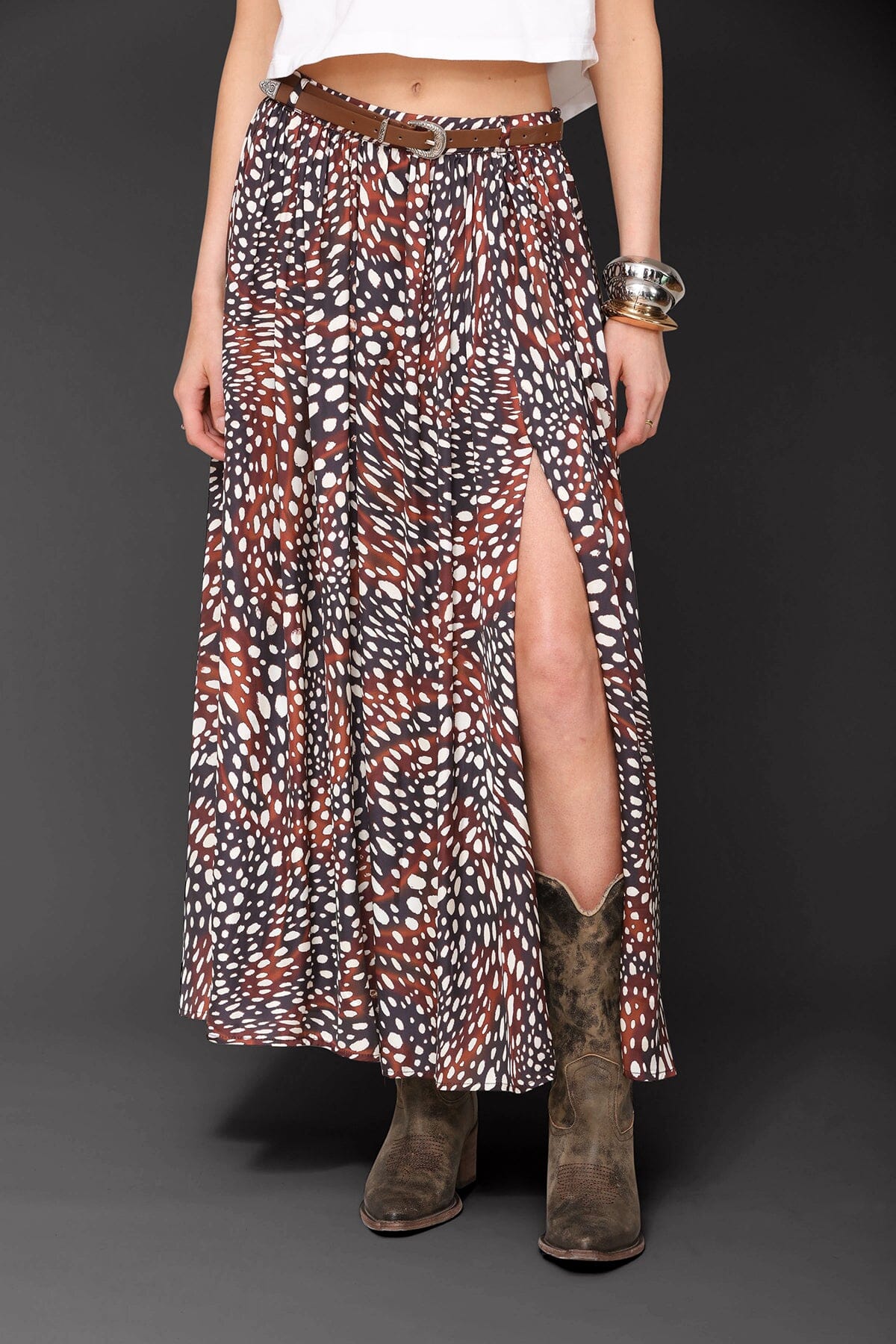 Belted brown and ivory cheetah print high waist maxi skirt with detachable faux leather belt and side slit - Cute women's maxi skirts by Avec Les Filles