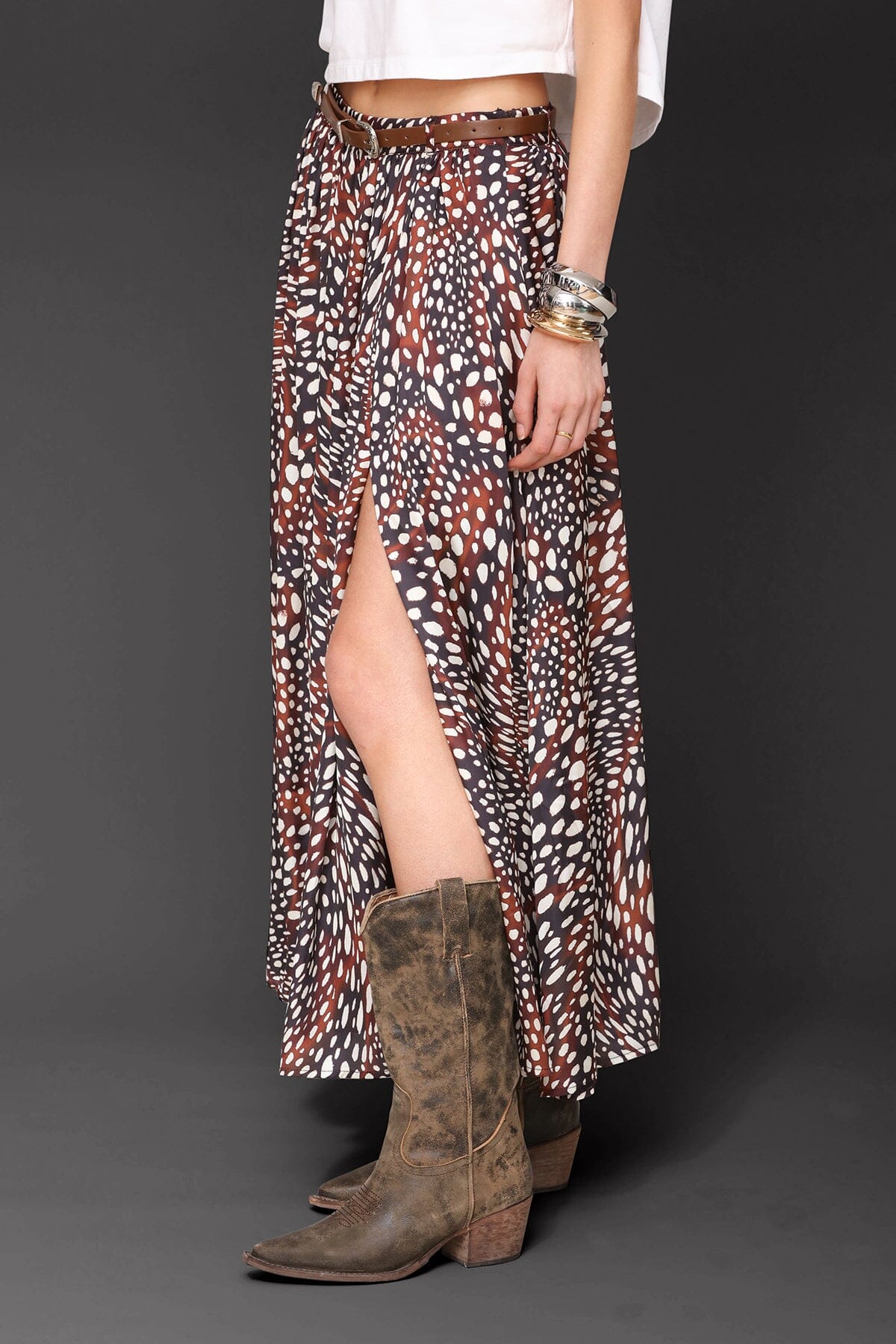 Belted brown and ivory cheetah print high waist maxi skirt with detachable faux leather belt and side slit - Cute women's maxi skirts by Avec Les Filles
