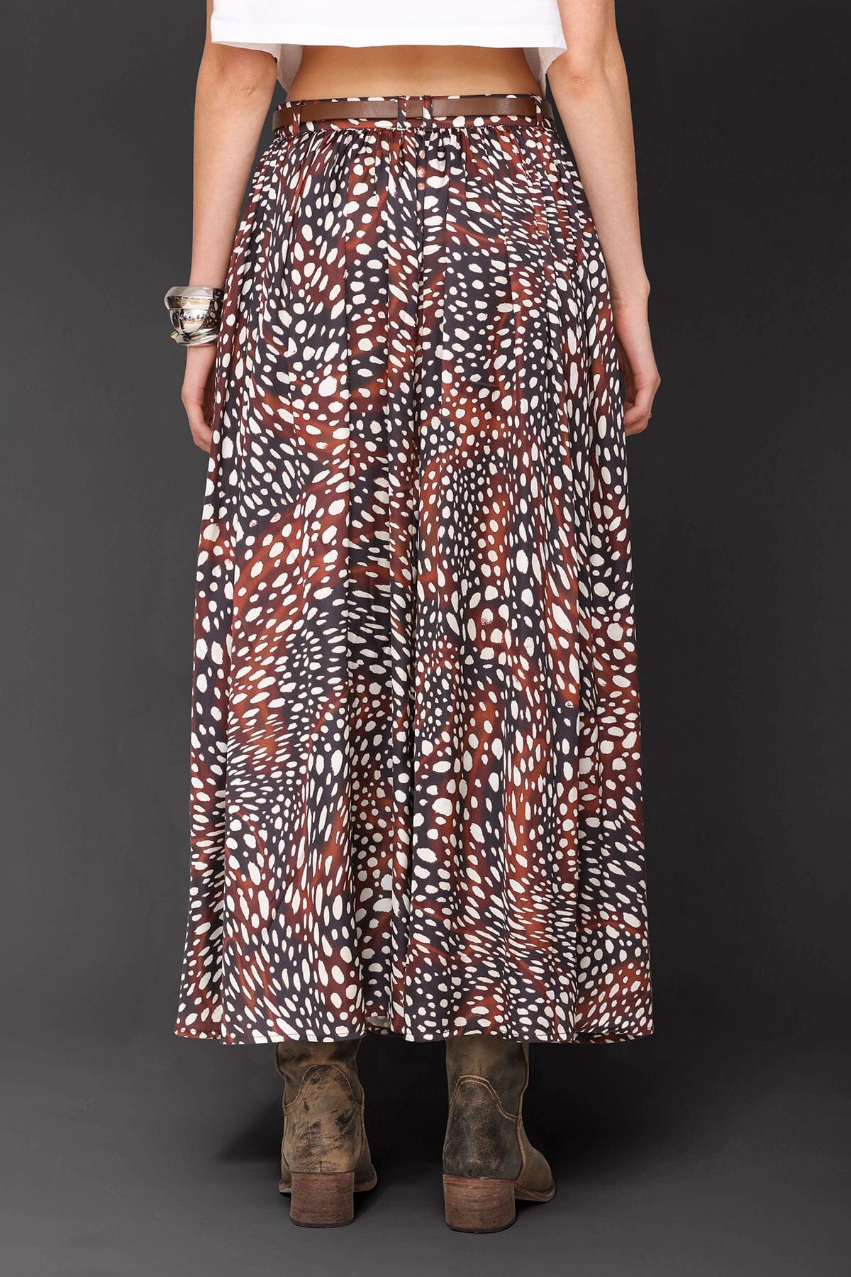 Belted brown and ivory cheetah print high waist maxi skirt with detachable faux leather belt and side slit - Cute women's maxi skirts by Avec Les Filles