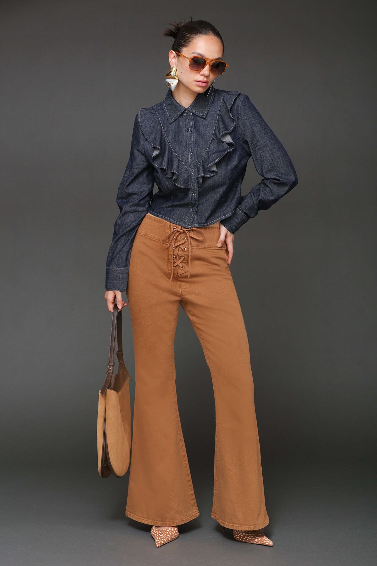 Lace up washed cotton high-rise flare brown pants with patch pockets - Cute women's pants by Avec Les Filles