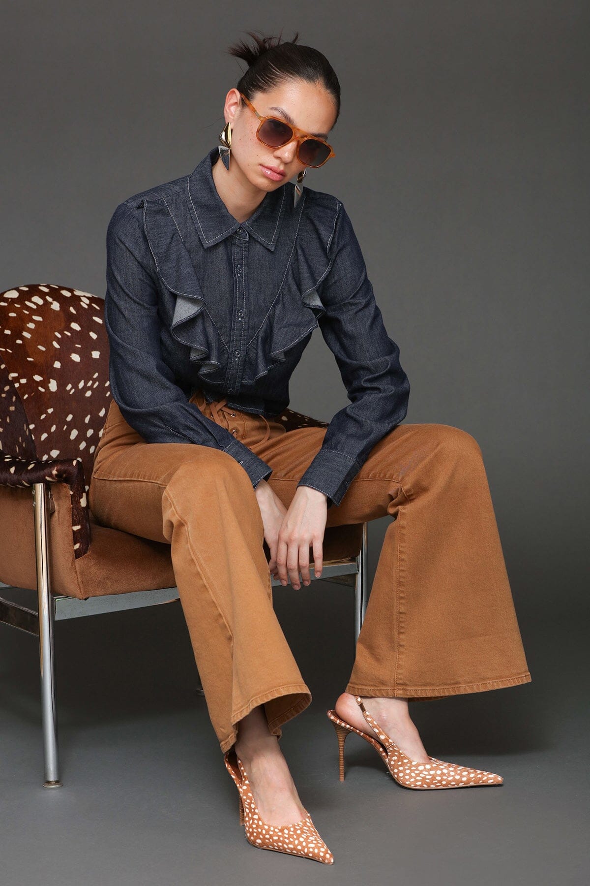 Lace up washed cotton high-rise flare brown pants with patch pockets - Cute women's pants by Avec Les Filles
